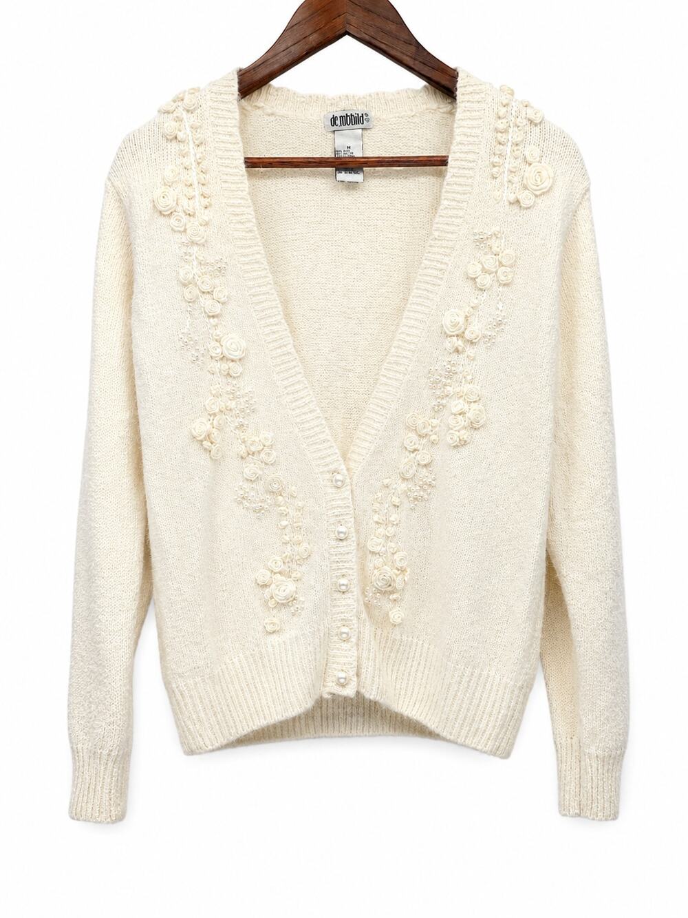de rotchild Ivory Silk Blend Rosette Pearl Embellished Cardigan Sweater M